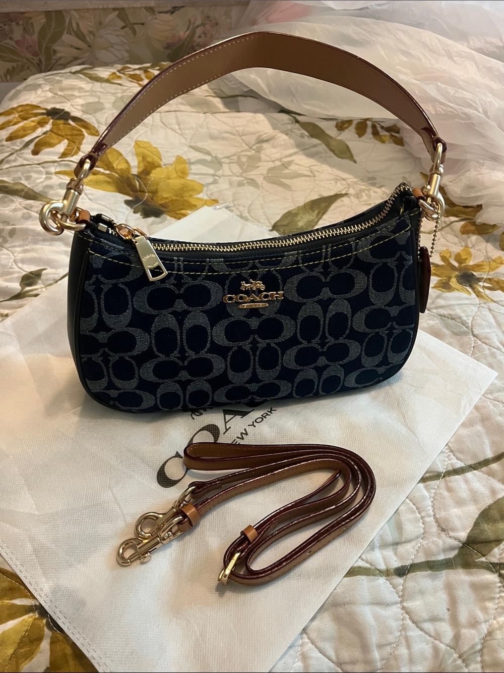 Coach Black Signature Jacquard Mini Shoulder Bag with Brown Strap